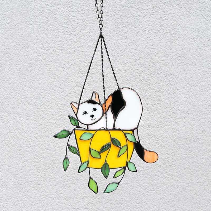 Katt i blomsterpotte Suncatcher Glassmalerier Vindusoppheng