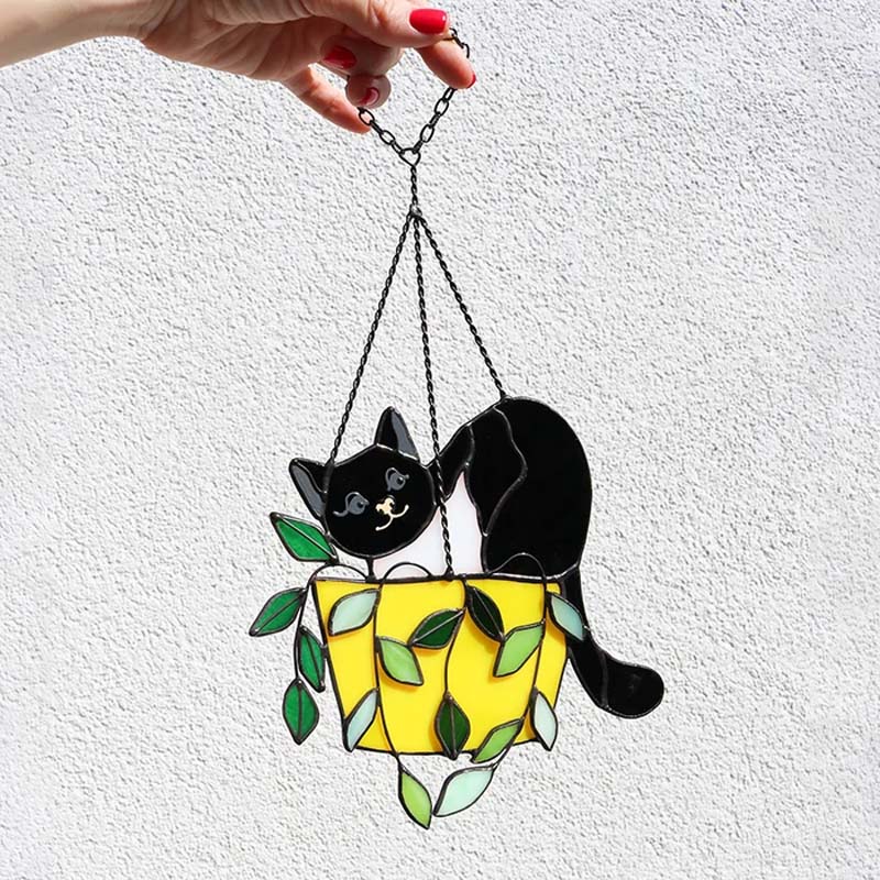 Katt i blomsterpotte Suncatcher Glassmalerier Vindusoppheng