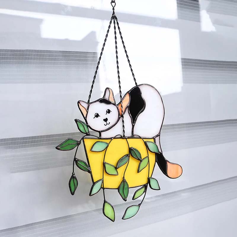 Katt i blomsterpotte Suncatcher Glassmalerier Vindusoppheng