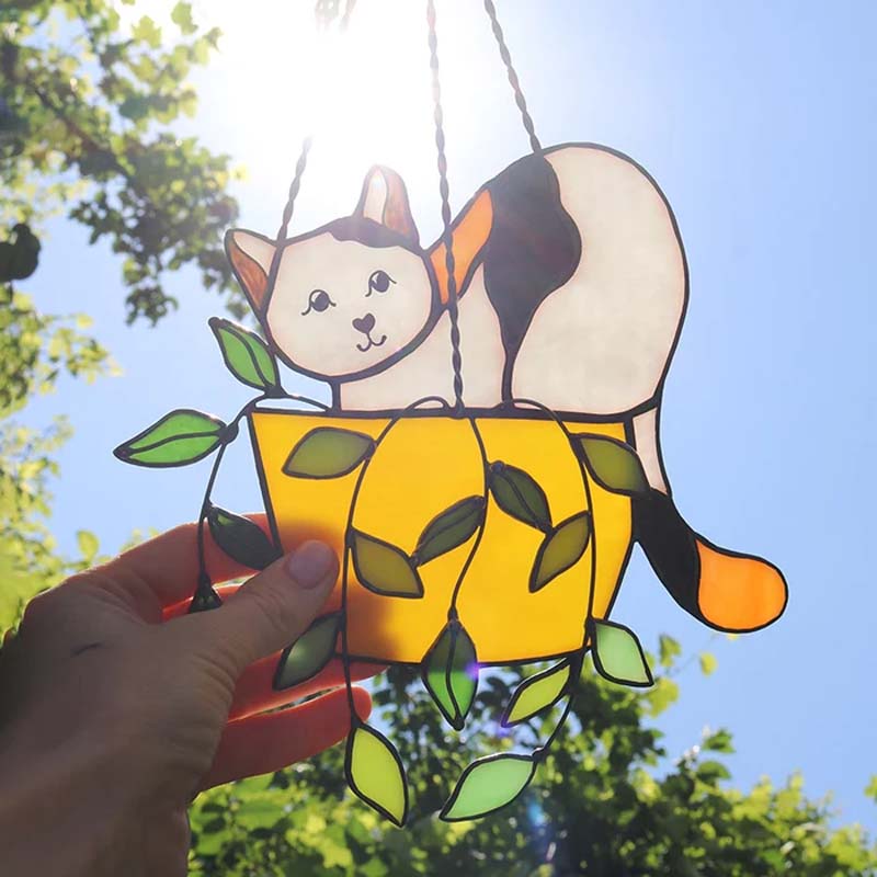 Katt i blomsterpotte Suncatcher Glassmalerier Vindusoppheng