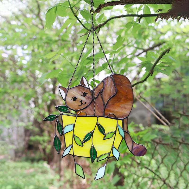 Katt i blomsterpotte Suncatcher Glassmalerier Vindusoppheng