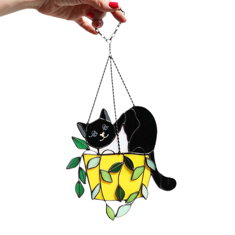 Katt i blomsterpotte Suncatcher Glassmalerier Vindusoppheng