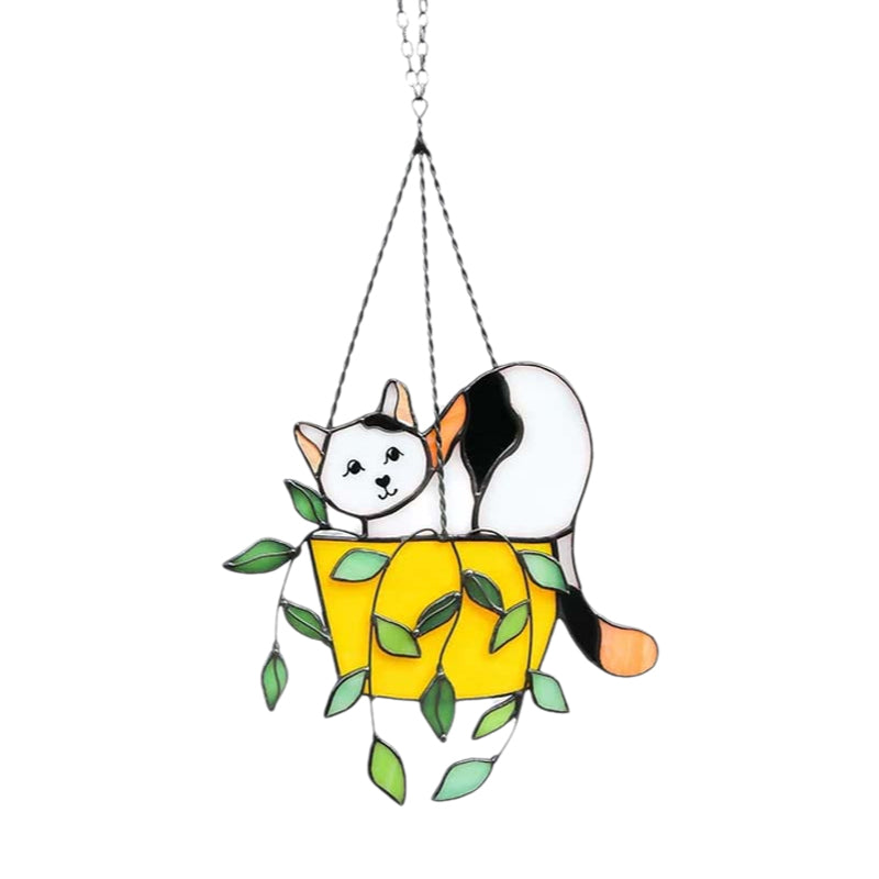 Katt i blomsterpotte Suncatcher Glassmalerier Vindusoppheng