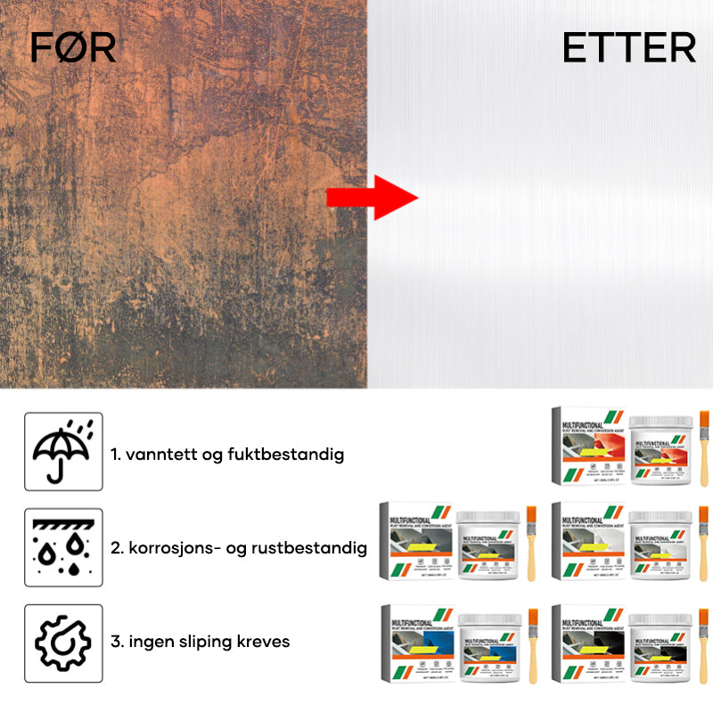 Multifunksjonelt middel for fjerning og konvertering av metallrust