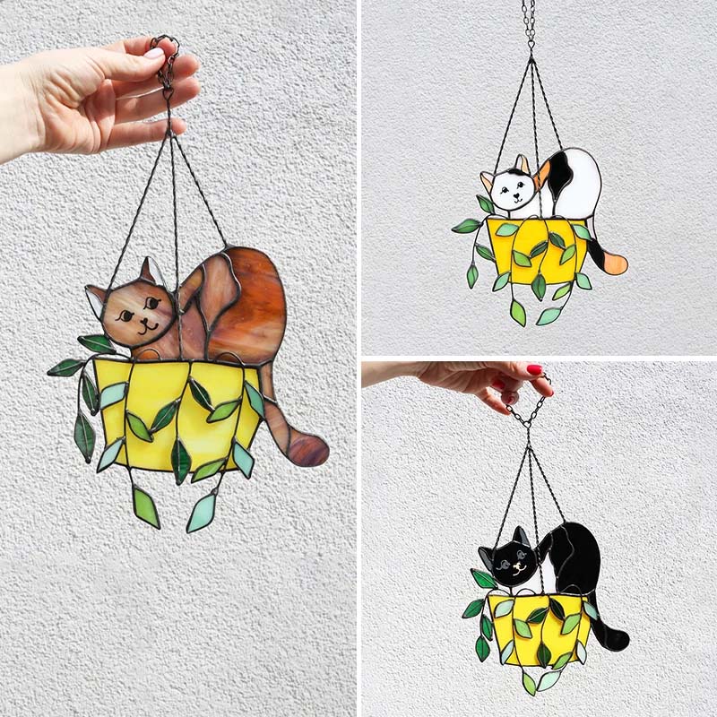 Katt i blomsterpotte Suncatcher Glassmalerier Vindusoppheng