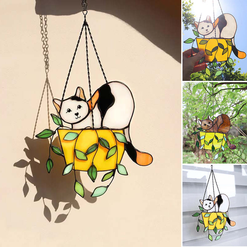 Katt i blomsterpotte Suncatcher Glassmalerier Vindusoppheng