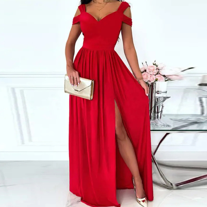 Off-the-shoulder V-neck slit dress