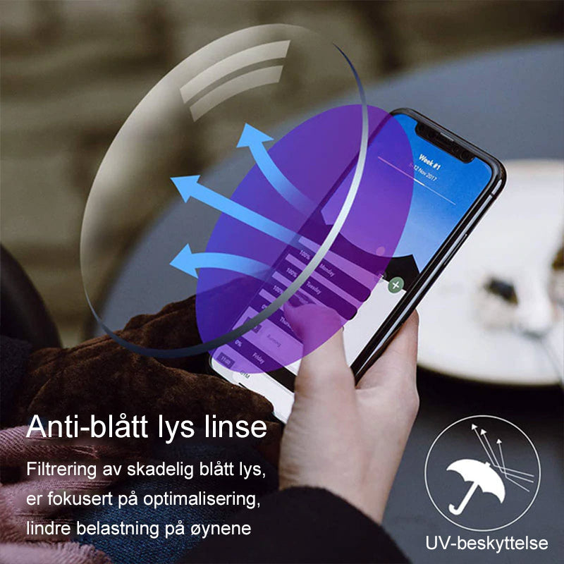 Progressive lesebriller, anti-blått lys, ultralette